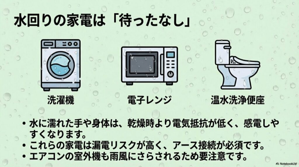 洗濯機、電子レンジ、温水洗浄便座など、水気のある場所で使用する家電に水滴がついているイラスト