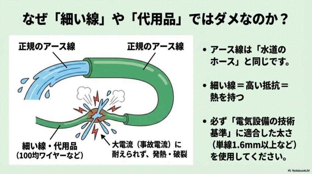 正規のアース線と細い代用品（針金など）の違いを、水道ホースの水圧と破裂に例えた解説図