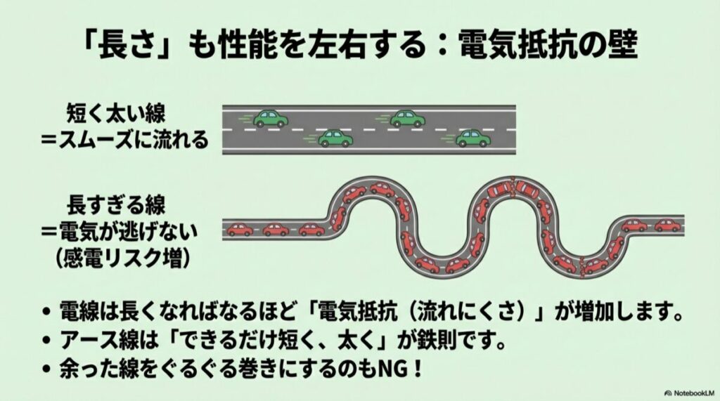 電線が長くなると電気抵抗が増え、電気が流れにくくなる様子を道路の交通渋滞に例えたイラスト