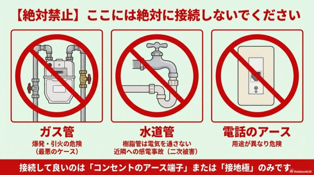 ガス管や水道管へのアース接続が禁止されていることを示すイラスト（爆発・感電リスクの警告）