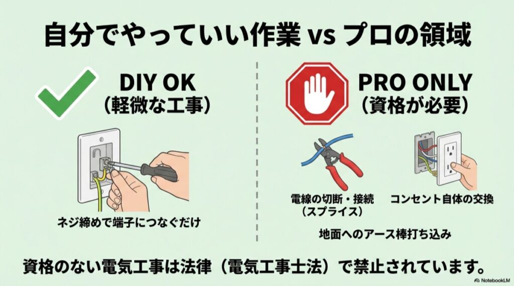 コンセント交換や電線接続などプロ資格が必要な作業と、ネジ締めなどDIY可能な範囲の比較表