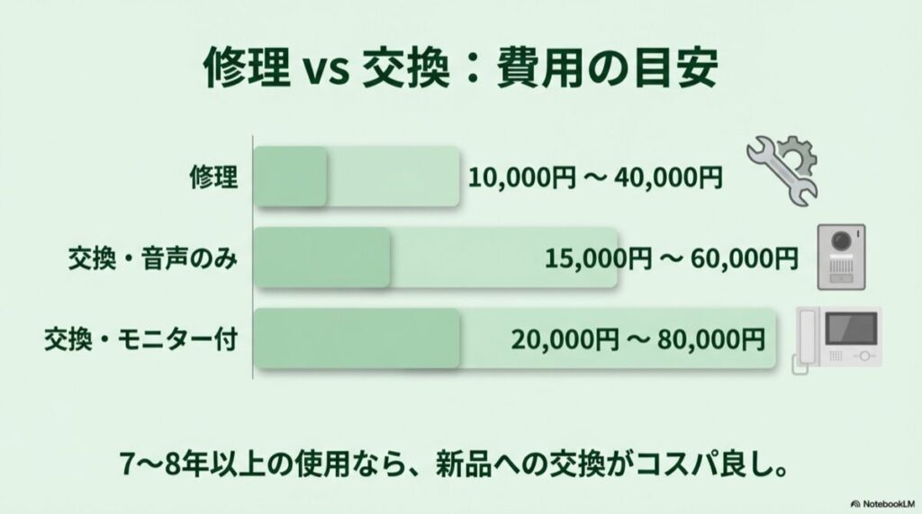 修理・音声交換・モニター交換の各費用目安が並んだリスト形式の画像