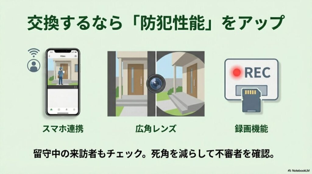 スマホ連携、広角レンズでの視認範囲、録画機能（REC）のイメージ画像