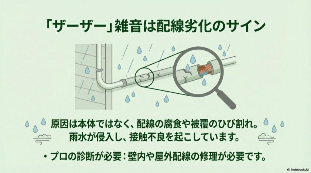 屋外の配線カバーが割れ、中の銅線が露出して雨水が入り込んでいる拡大図