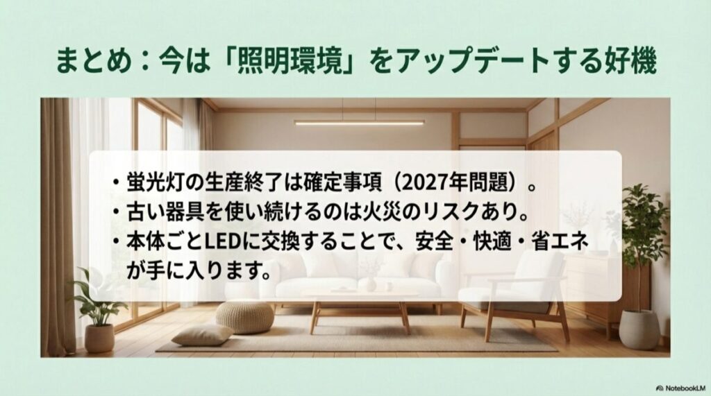 2027年問題、火災リスク、LED交換のメリットをまとめた箇条書きスライド
