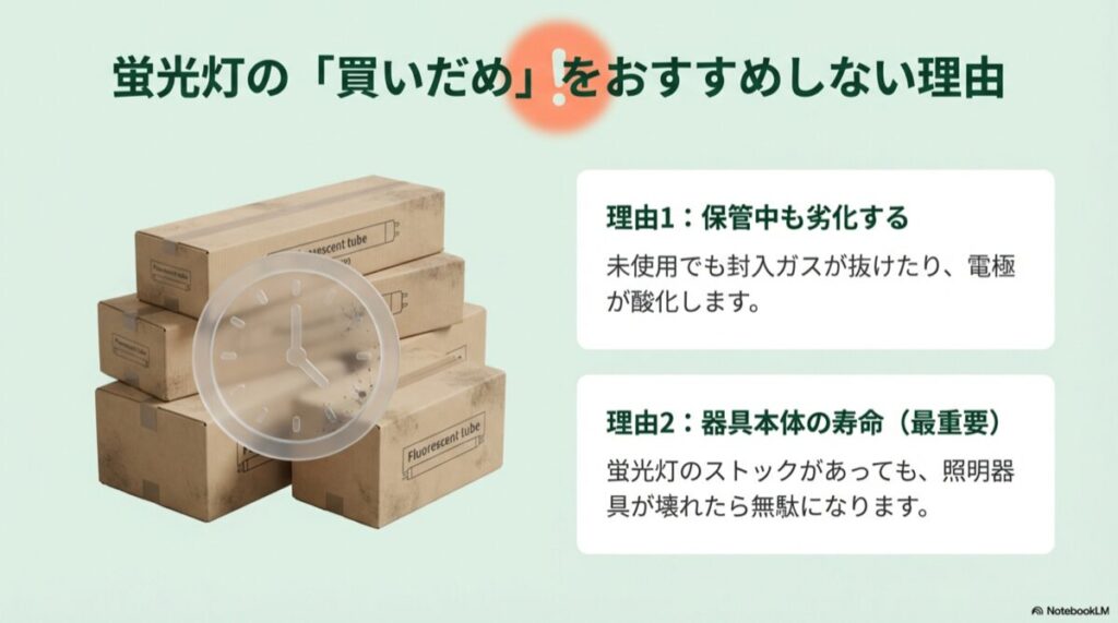 積まれた蛍光灯の箱と時計のイラスト、保管中の経年劣化を示す図