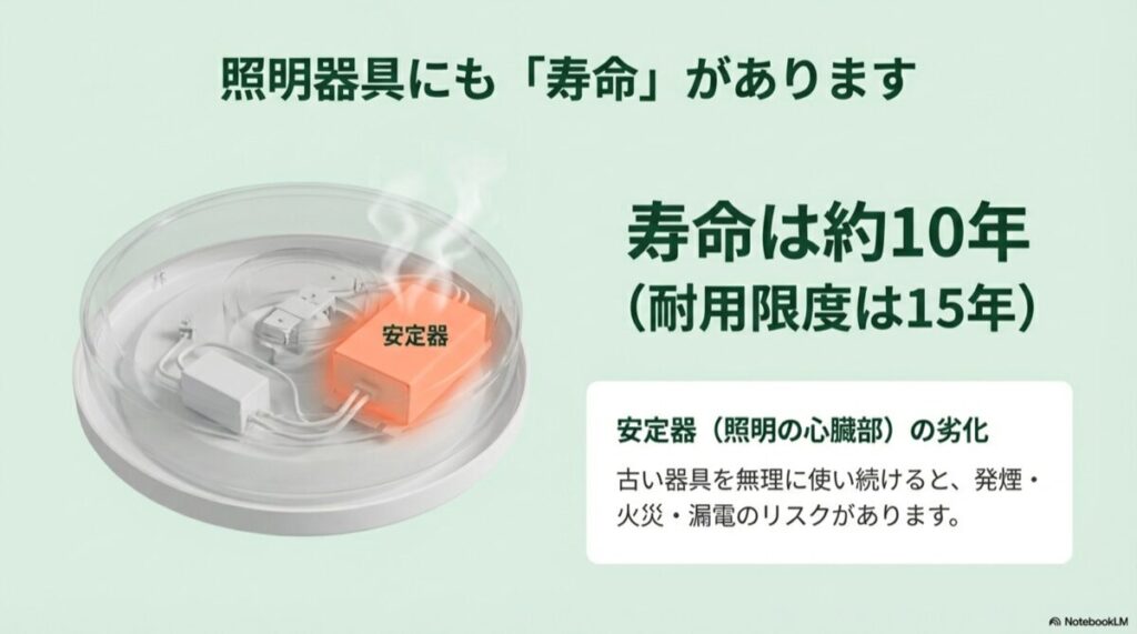 照明器具の内部構造図、安定器の寿命が約10年であることを示すイラスト