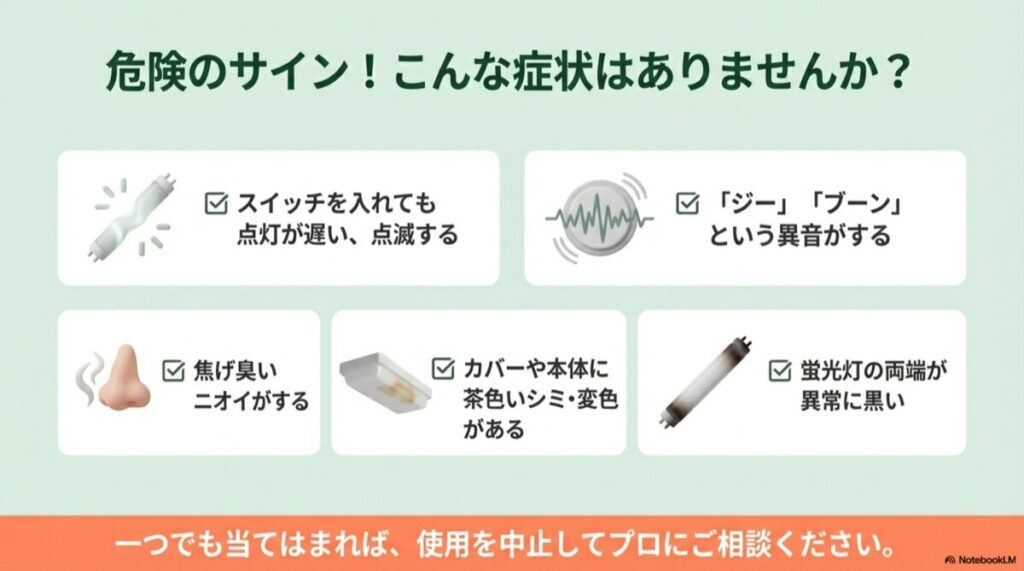 点滅、異臭、異音、変色など、照明器具の危険な症状を確認するチェックリスト