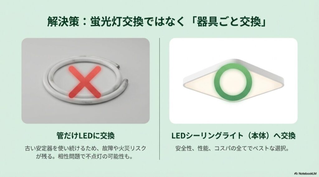 管だけの交換をおすすめしない理由と、LEDシーリングライトへの本体交換を推奨する比較図