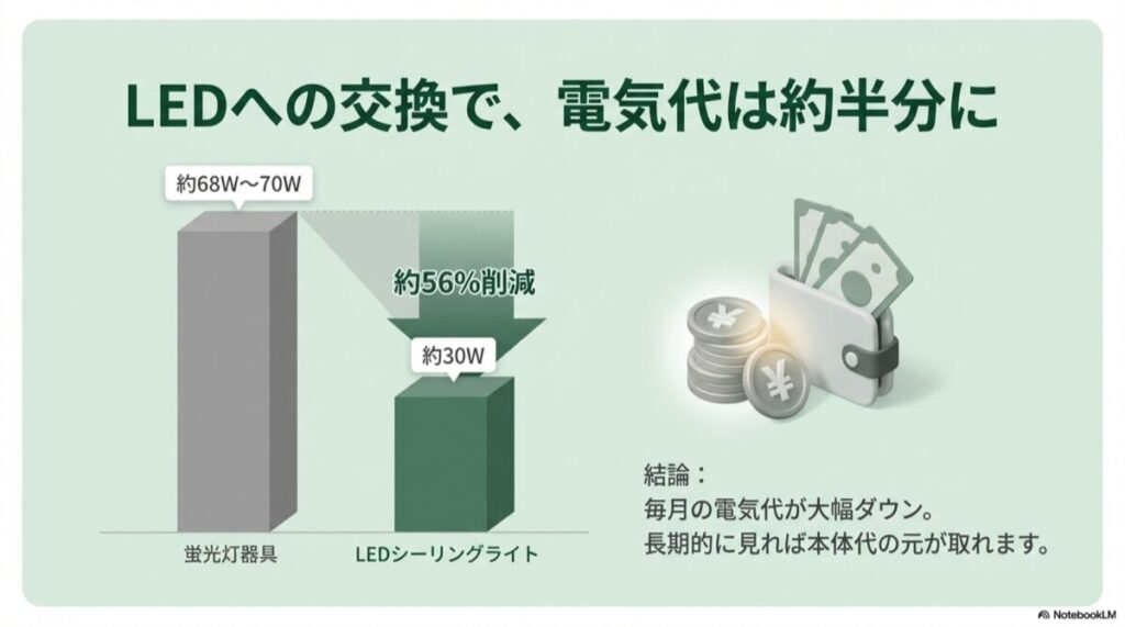 蛍光灯からLEDに交換することで消費電力が約56%削減されることを示す棒グラフ