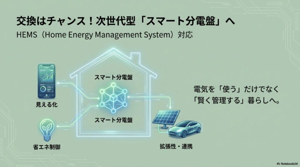 スマート分電盤の概念図。電力の見える化、省エネ制御、拡張性についてのイラスト解説