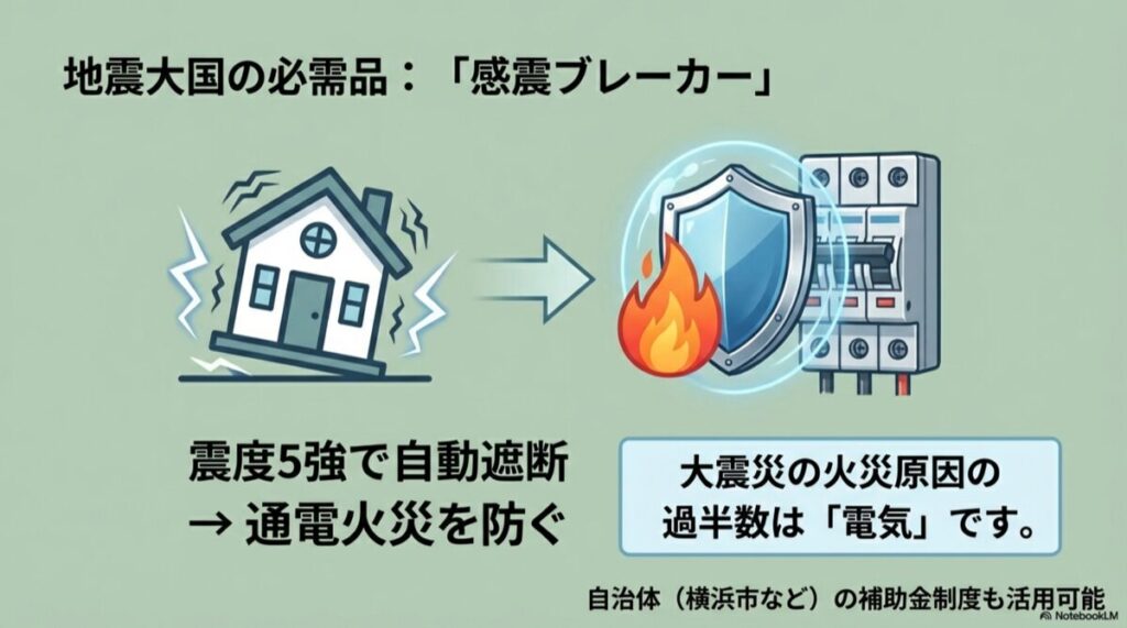 地震発生時に自動遮断して通電火災を防ぐ感震ブレーカーの仕組み図