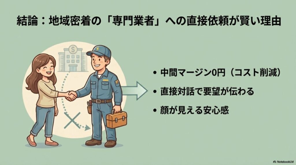 ユーザーと工事士が握手するイラスト。中間マージン0円、直接対話、顔が見える安心感の図