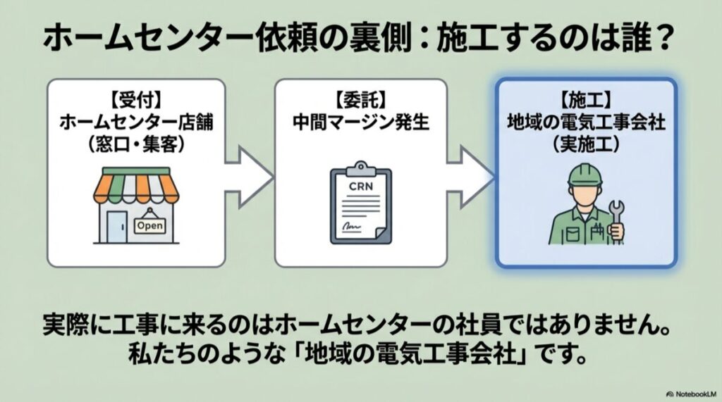 ホームセンターが受付窓口となり、中間マージンが発生して地域の電気工事会社が施工する仕組みの図解