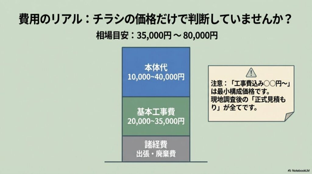 費用相場35,000円〜80,000円の内訳（本体代、基本工事費など）と、「工事費込み表記は最小構成価格」という注意書き