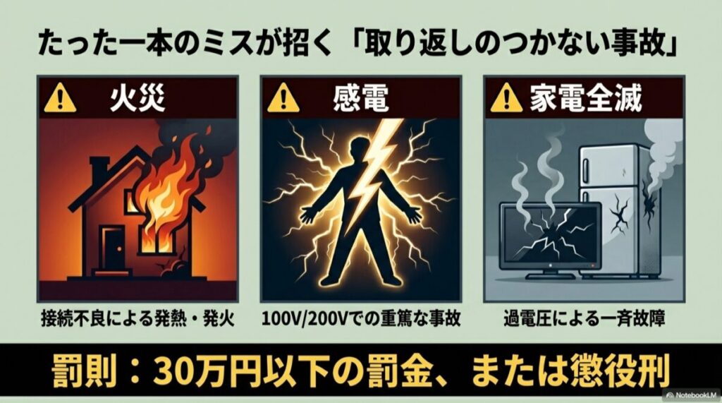 火災、感電、家電全滅のイメージイラスト。「たった一本のミスが取り返しのつかない事故を招く」という警告