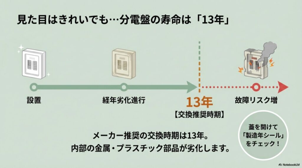 分電盤の寿命は13年。経年劣化の進行イメージと、製造年シールの確認を促す図