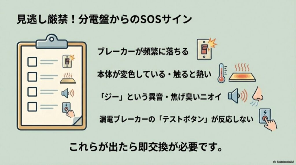 チェックリスト形式のイラスト。ブレーカーが落ちる、変色・発熱、異音・異臭、テストボタン不動