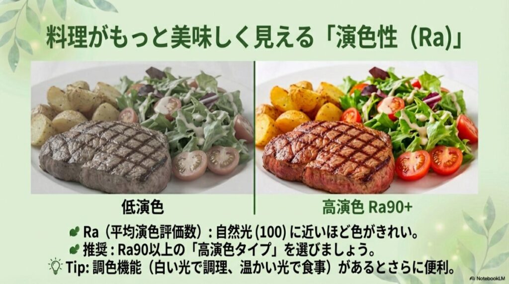 低演色の照明と高演色（Ra90+）の照明で照らしたステーキとサラダの比較写真。高演色の方が色が鮮やかであることを示す。