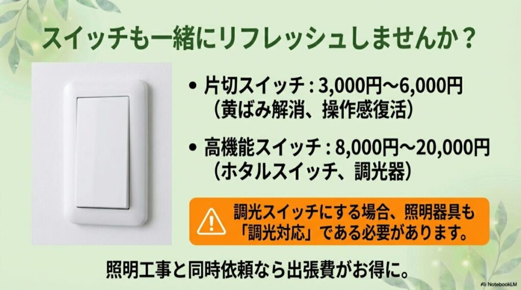 片切スイッチと高機能スイッチ（調光器等）のイラストと交換費用の目安。