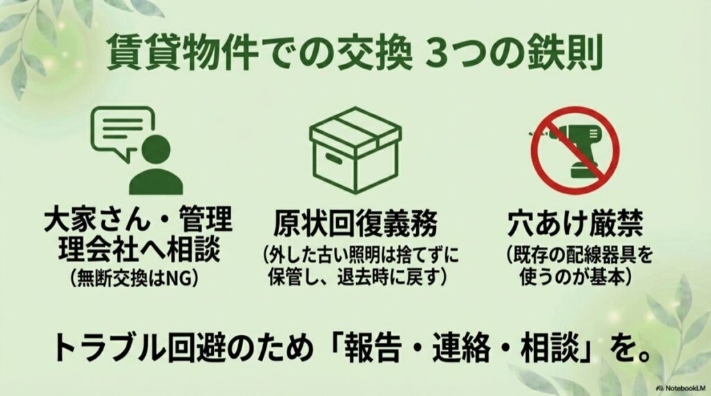 賃貸での交換3つの鉄則。大家さんへの相談、原状回復（保管）、穴あけ厳禁を示すアイコンとイラスト。