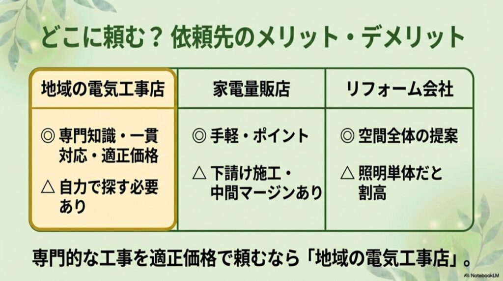 地域の電気工事店、家電量販店、リフォーム会社のメリット・デメリットをまとめた比較表。