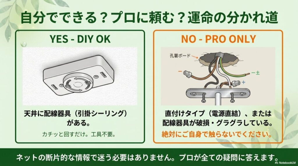 天井の配線器具の図解。引掛シーリング（ローゼット）はDIY交換可能、直付けタイプや配線器具の破損はプロへの依頼が必要であることを示すイラスト。