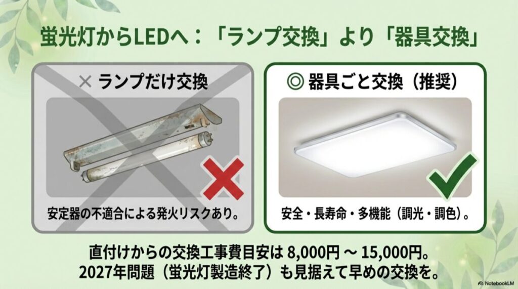 「ランプだけ交換」の危険性（×マーク）と、「器具ごと交換」の安全性（◎マーク・推奨）を比較したイラスト。