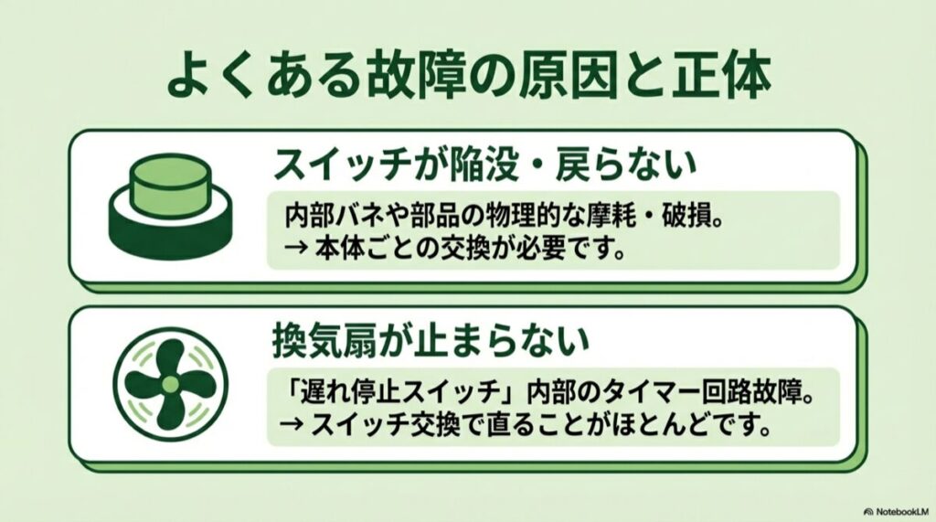スイッチの摩耗やタイマー回路故障など、症状と原因の対応図