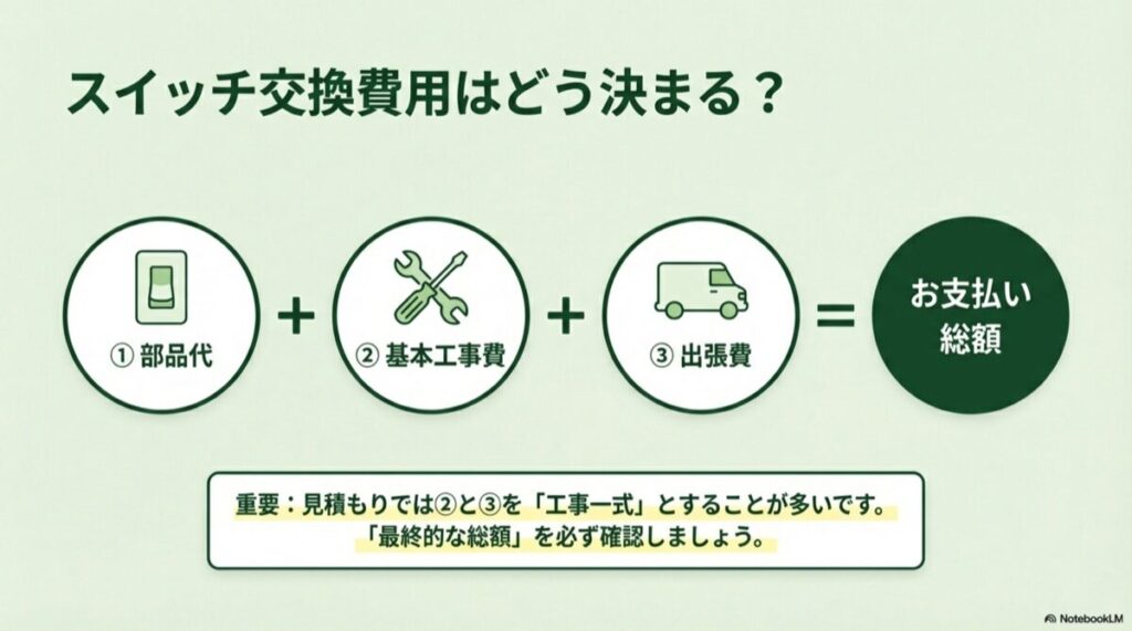 部品代、基本工事費、出張費の合計でお支払い総額が決まることを示す図解