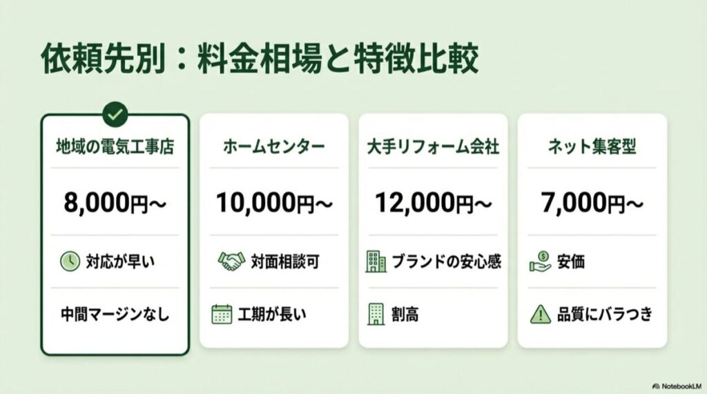 電気工事店、ホームセンター、リフォーム会社、ネット集客型の費用とメリット・デメリット比較図