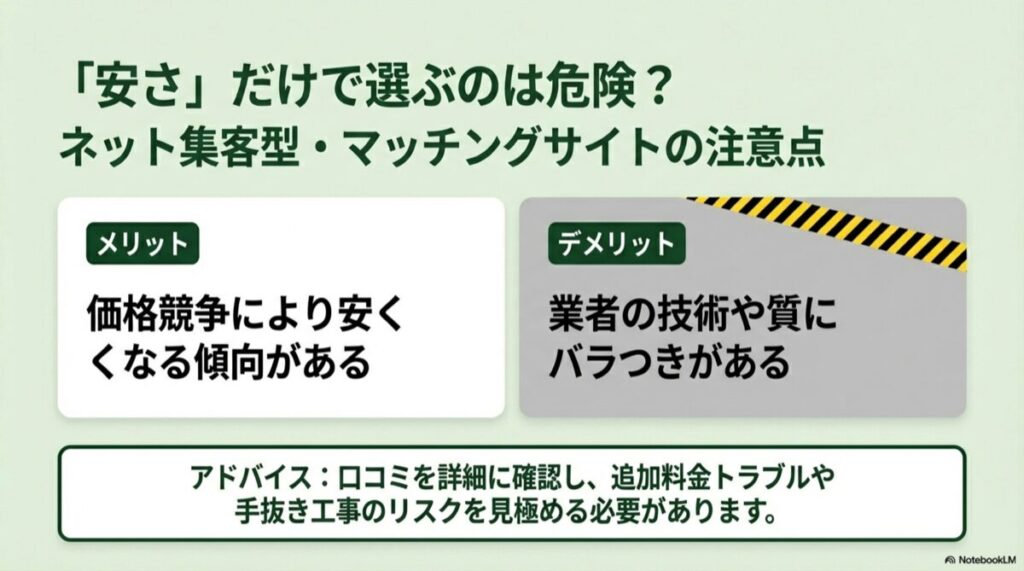 ネット集客型のメリット（安価）とデメリット（質のバラつき）をまとめたスライド