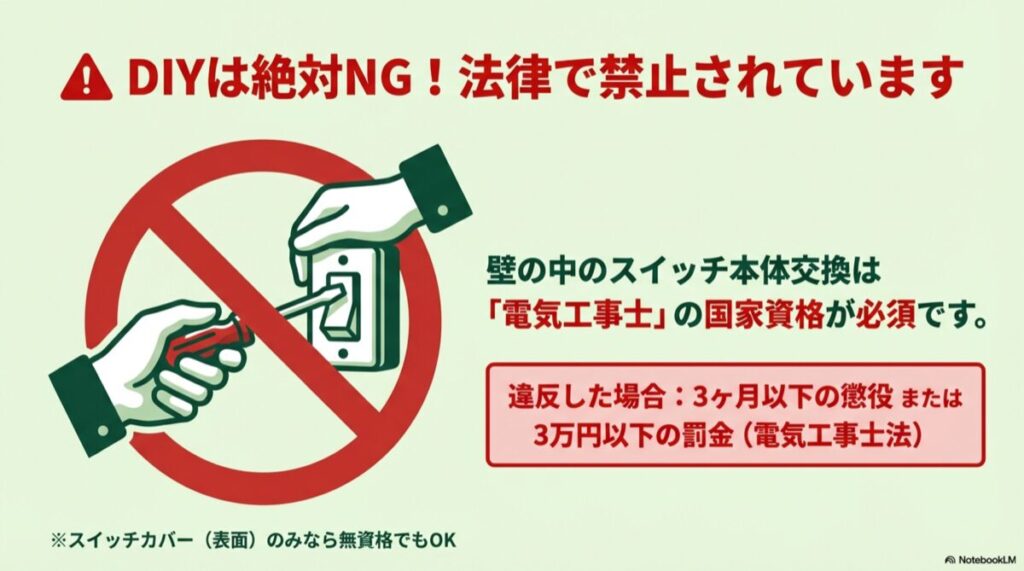 スイッチ交換に斜線が引かれた禁止マークと「DIYは絶対NG」の文字