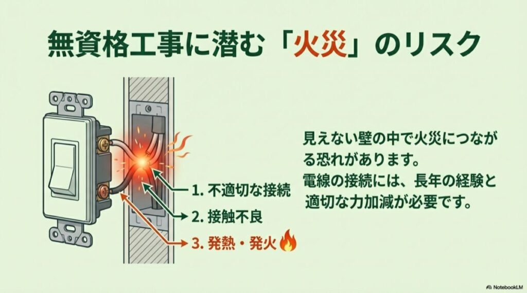 不適切な接続から接触不良、発熱・発火に至るステップを示した図解