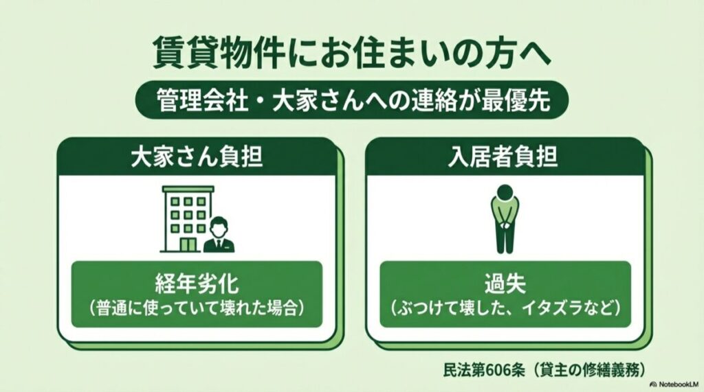 経年劣化（大家負担）と過失（入居者負担）の切り分けを示した比較図