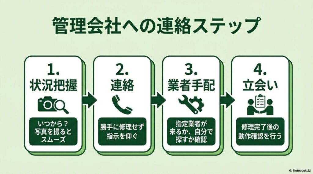 状況把握、連絡、業者手配、立会いの流れを示したフローチャート