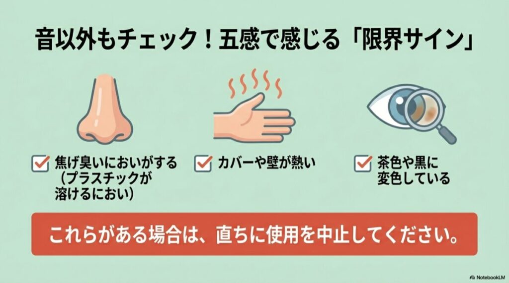 焦げ臭いにおい、熱さ、変色を目・鼻・手で確認しているイラスト