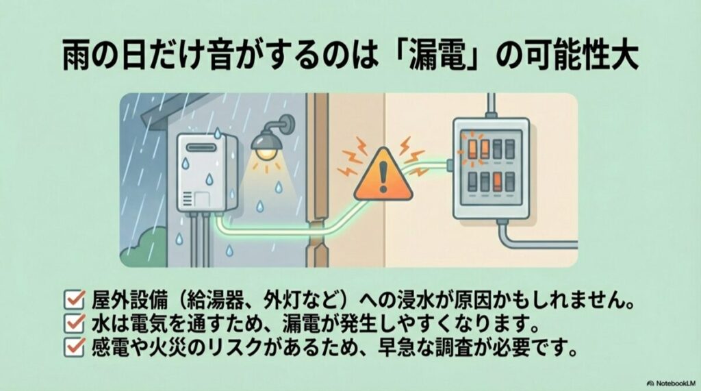 雨が降っている屋外の給湯器や外灯から漏電し、分電盤に影響が出ている図解