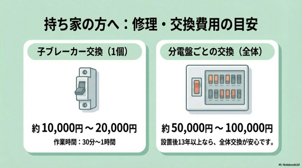 子ブレーカー交換と分電盤全体交換の費用と作業時間の比較イラスト