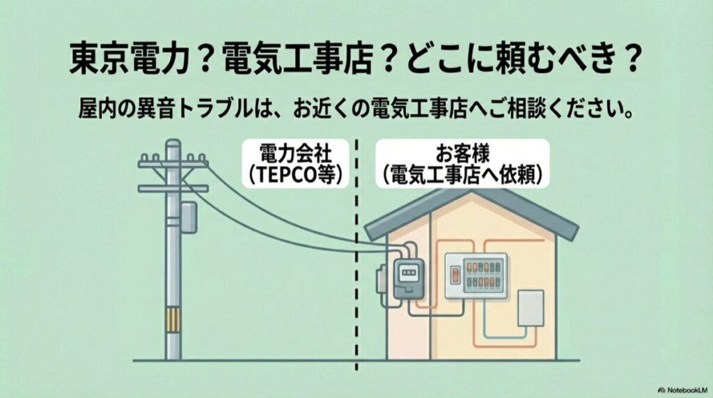 電柱からメーターまで（電力会社）と、分電盤から屋内（お客様・工事店）の境界線図解