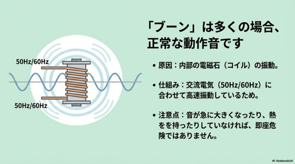 磁石（ブーン）、振動するネジ（ジー）、火花（パチパチ）の3つのアイコン比較