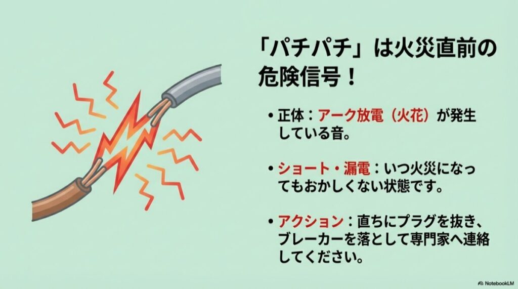 電線の被覆が破れて火花（アーク放電）が散っている危険なイラスト