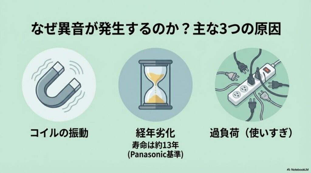 異音の原因：コイルの振動、経年劣化、過負荷のイラスト