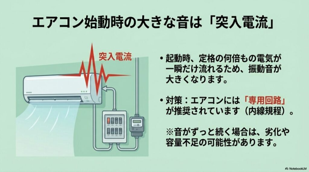 エアコン起動時に大きな電流（突入電流）が流れ、ブレーカーが振動する仕組みの図解