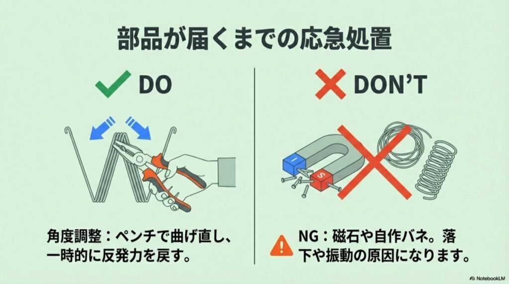 ペンチでの曲げ直し(OK)と、磁石や自作バネの代用(NG)の比較図