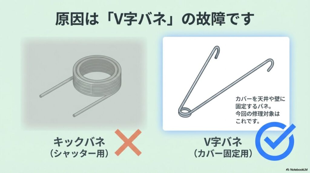 金属製の細い棒をV字に曲げた、カバー固定用の取付スプリングの外観