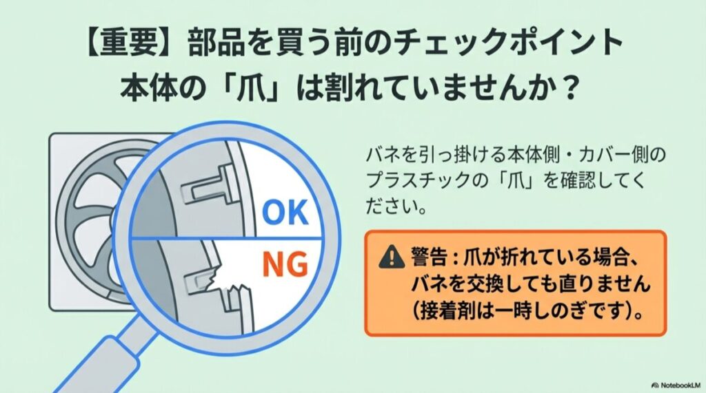 虫眼鏡で拡大した換気扇のバネ取付部。正常な爪と折れている爪の比較