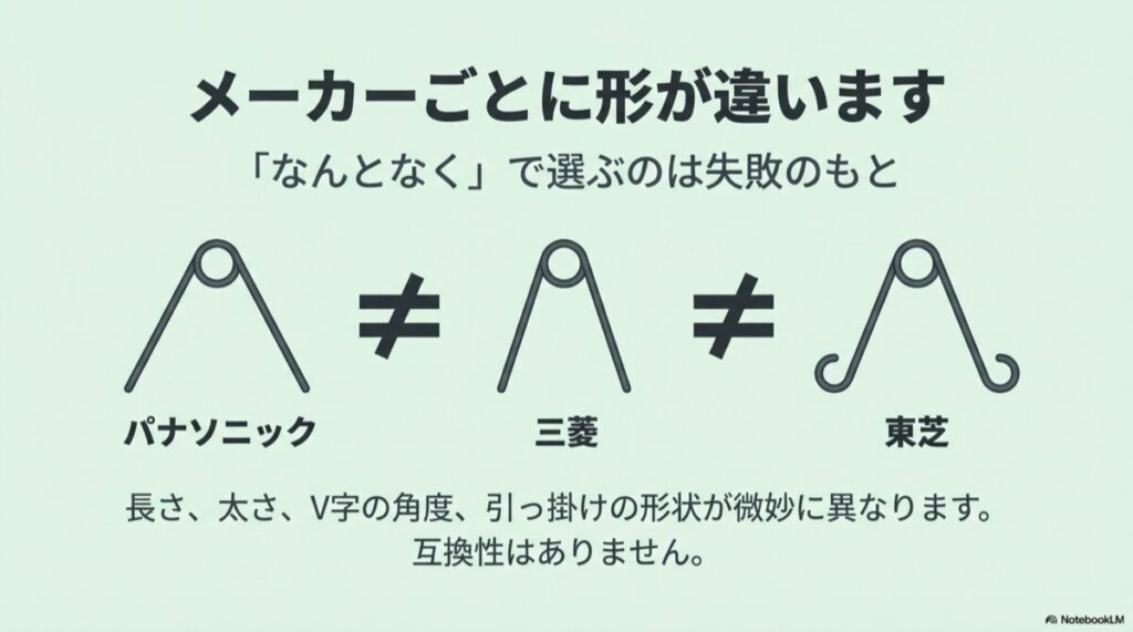 パナソニック、三菱、東芝でそれぞれ異なるV字バネの先端形状と角度の比較図