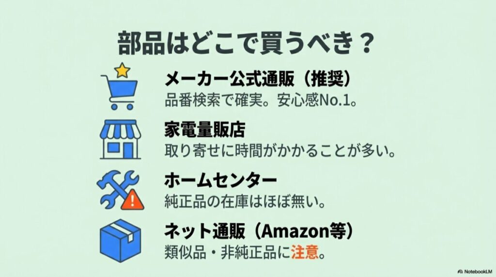 店舗、工具、段ボール箱のアイコンと、メーカー公式通販が推奨であることの案内