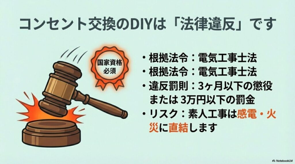 裁判官のガベル(木槌)と「国家資格必須」のマーク、法律違反の罰則内容を記した図
